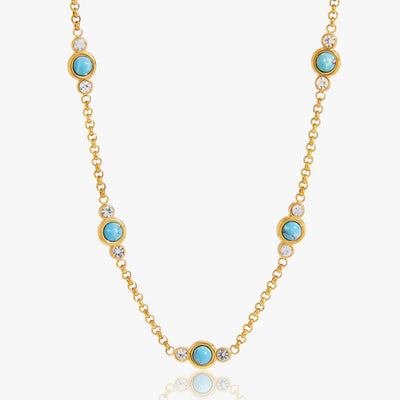 Fine chain with alternating turquoise-blue stones and clear crystals