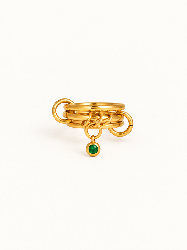 Frederique Linked Triple Band Charm Ring - Gold Green Stone clean variation image