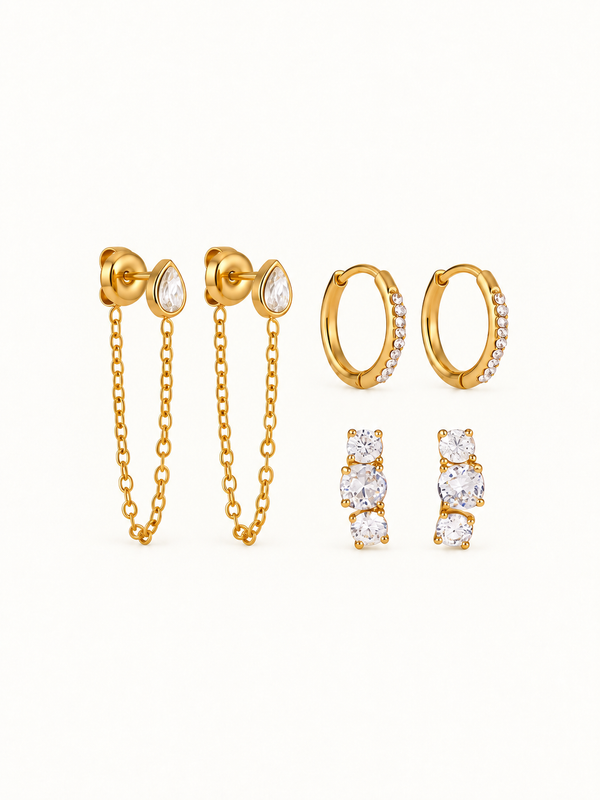 Garance Crystal Earring Trio Set – 3 Pairs/Set