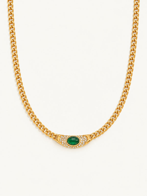 Clarisse Vintage Stone Curb Necklace – Green, product image with measurements