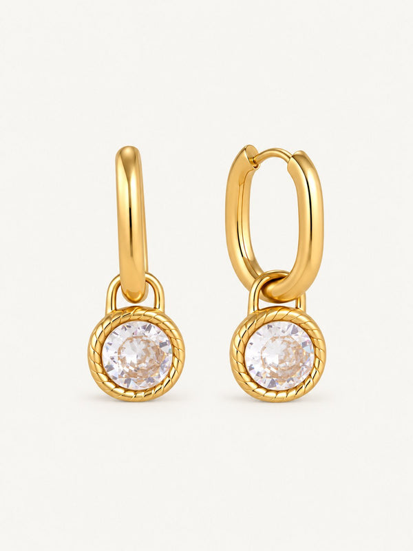 Oriane Rope-Edge Round Stone Drop Huggie Earrings, product image with measurements