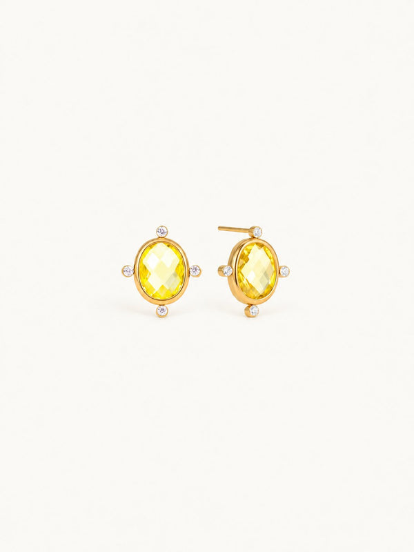 Sabrina Pastel Bezel Stud Earrings – Yellow Oval, product image with measurements