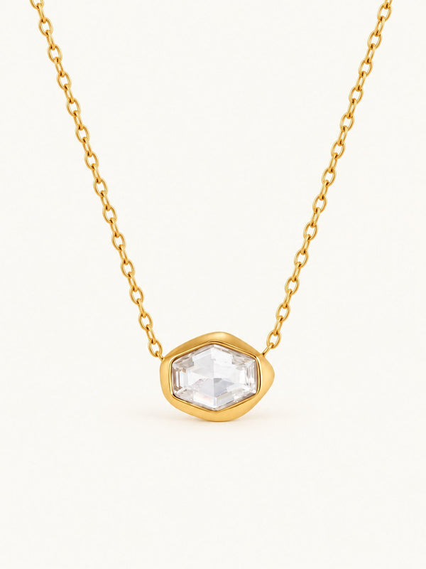 Yolande Faceted Hexagon Pendant Necklace – Clear, product image with measurements