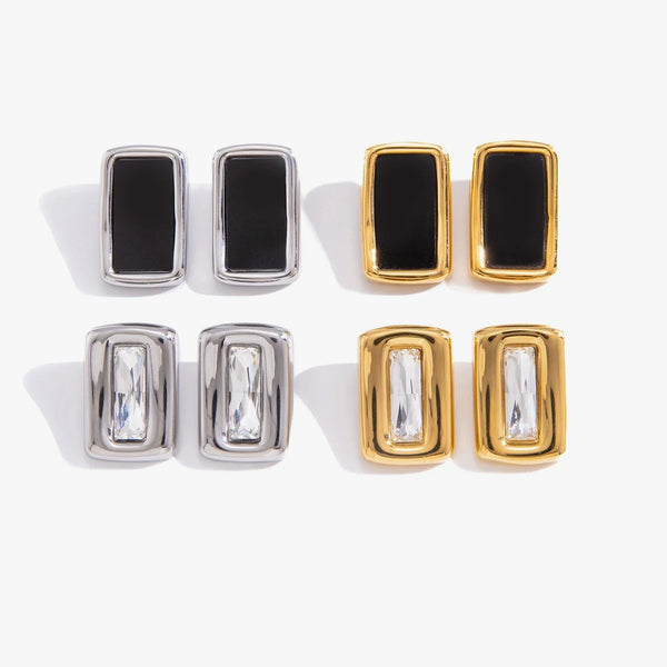 Rectangular studs with black and clear stones, in gold and silver tone