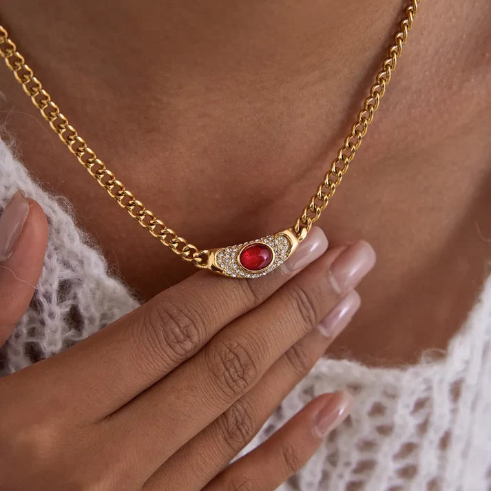 Clarisse Vintage Stone Curb Necklace – Red