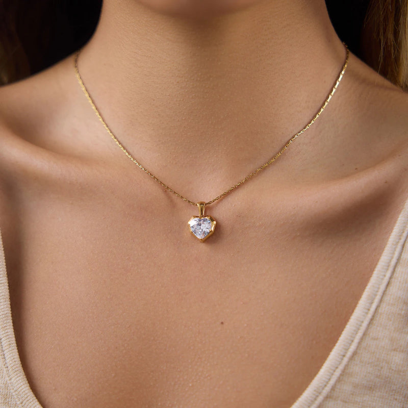 Front view of the heart crystal pendant worn on a fine chain