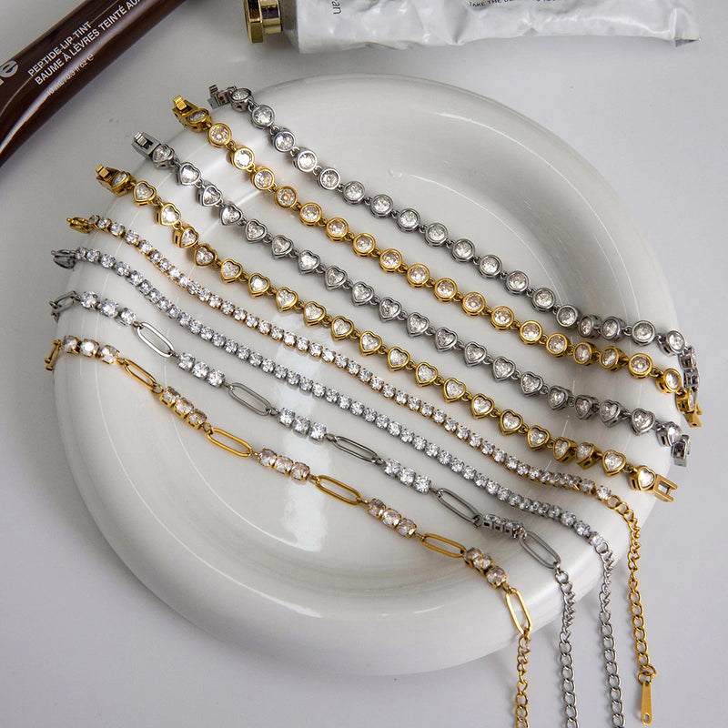 Odile Crystal Chain Bracelet, the designs arranged on a white dish