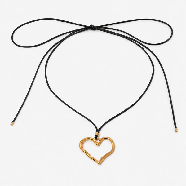 Open heart outline on a black cord that ties at the back