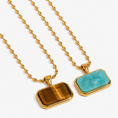 Beaded chains with rectangular stone pendants in brown and turquoise blue