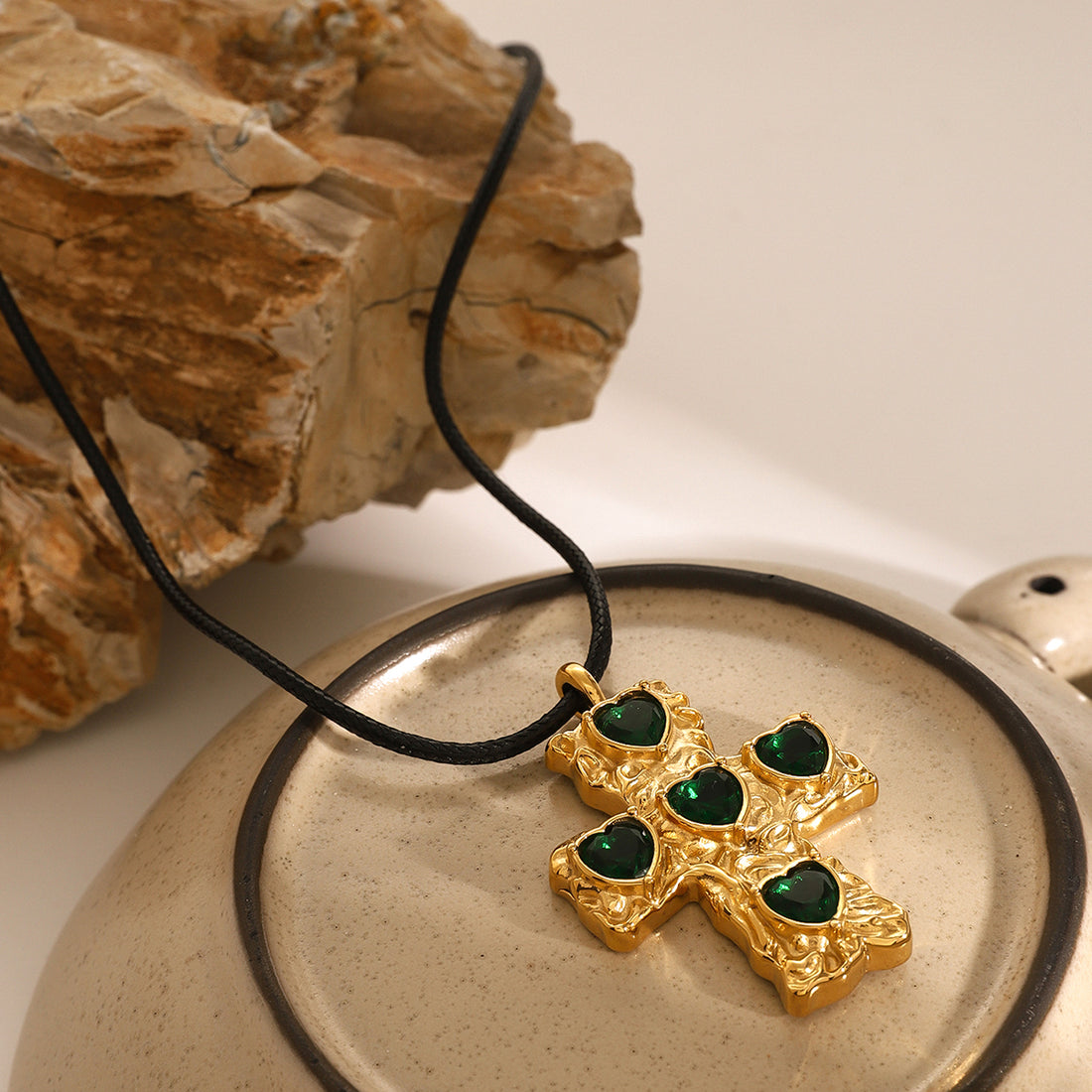 Violette Green Stone Cross Cord Necklace