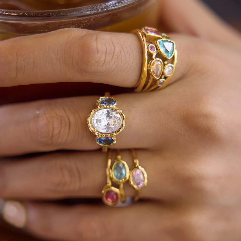 Aude Multi-Stone Ring stacked on the hand, coloured stones in view