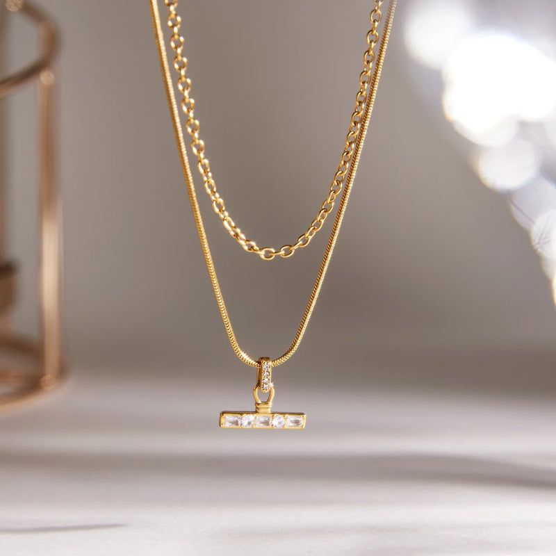 Fabienne Multilayer T-Bar Necklace displayed showing both chain layers