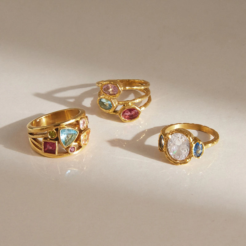 Aude Multi-Stone Ring, three designs photographed in daylight
