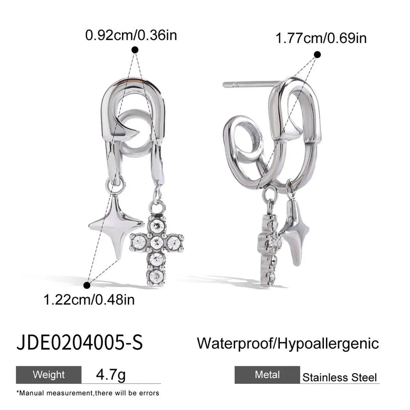 Gwendoline Cross & Star Drop Earrings – Silver