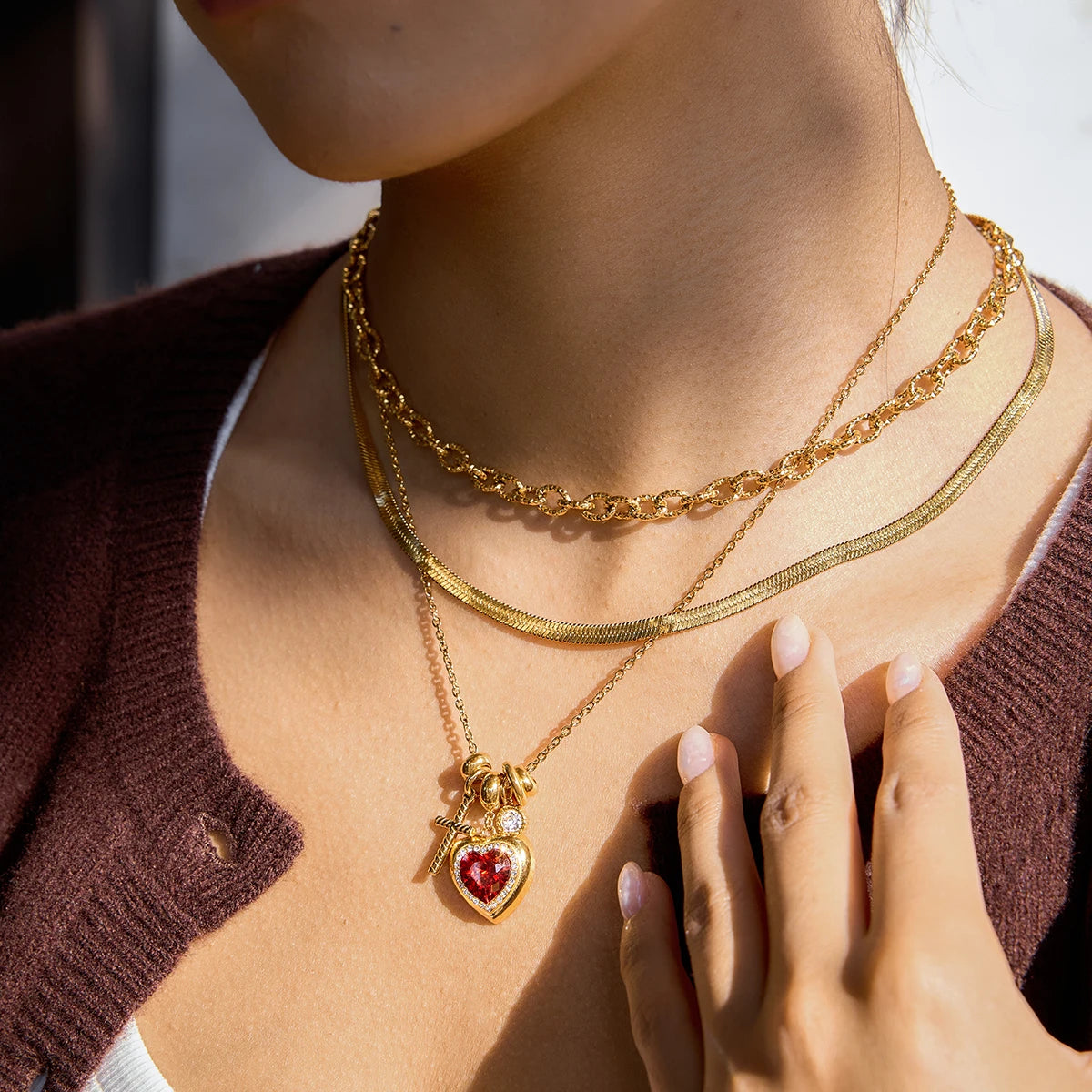 Genevieve Heart Charm Necklace worn around the neck – Macaje