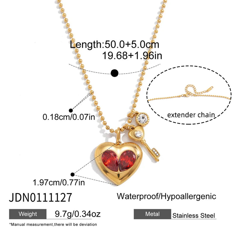 Danielle Red Heart & Key Charm Necklace – Gold