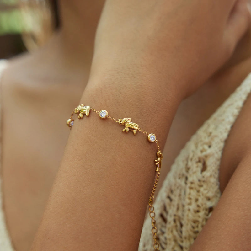 Elephant charm bracelet worn on a raised wrist