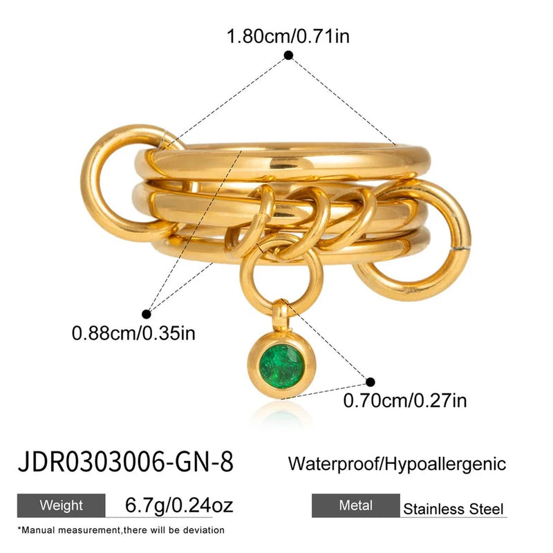 Frederique Linked Triple Band Charm Ring – Gold Green Stone