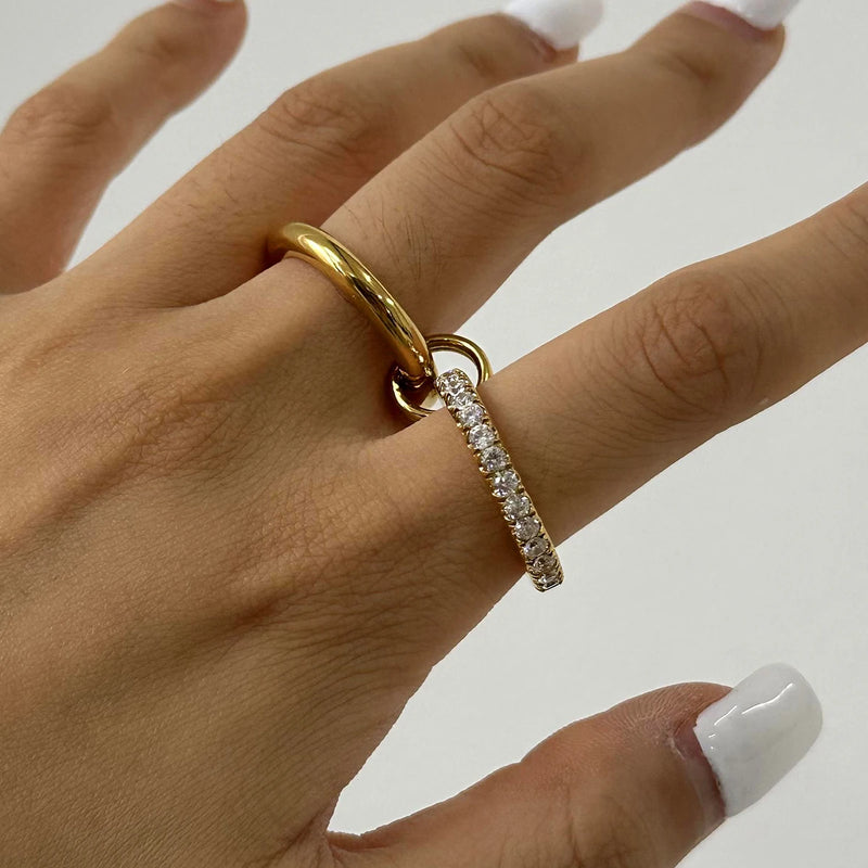 Louise Interlocking Double Band Ring worn, plain band linked to a crystal-set band