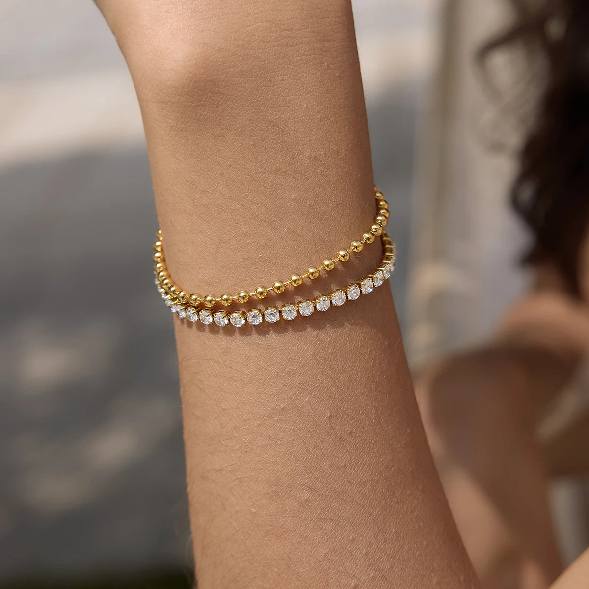 Zelie Crystal Tennis Bracelet worn on the wrist – Macaje