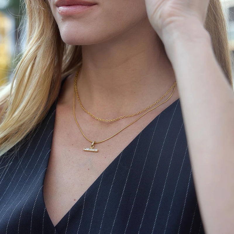 Fabienne Multilayer T-Bar Necklace worn, both chain layers in view
