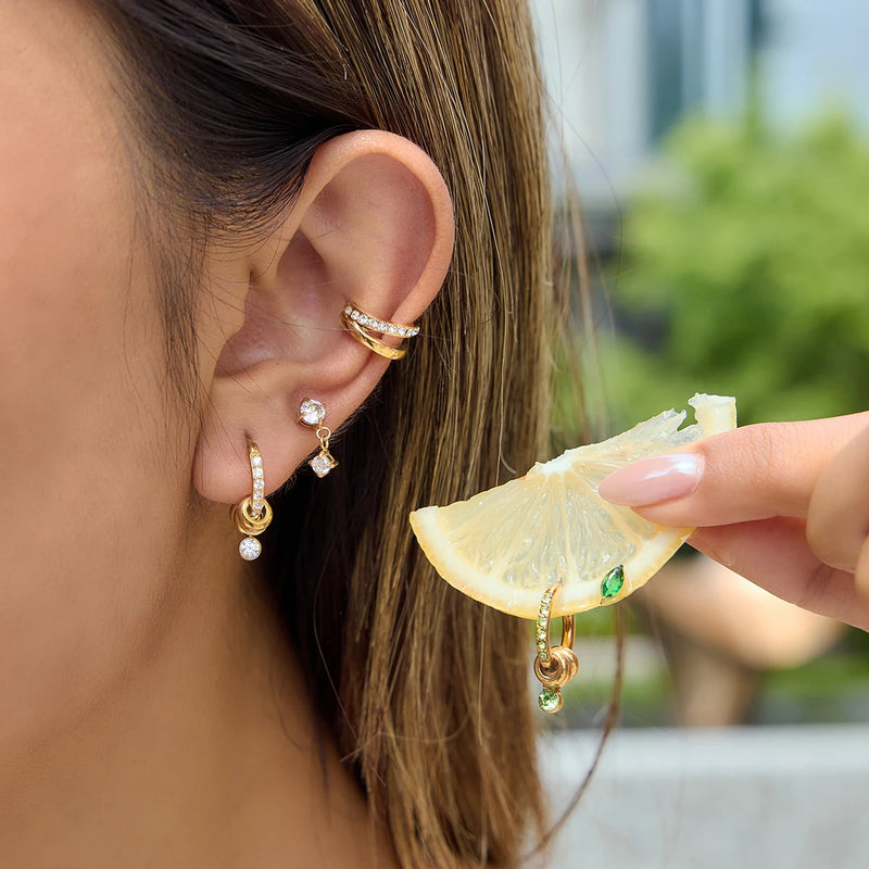 Hoops and studs worn in the ear, hand holding a slice of lemon