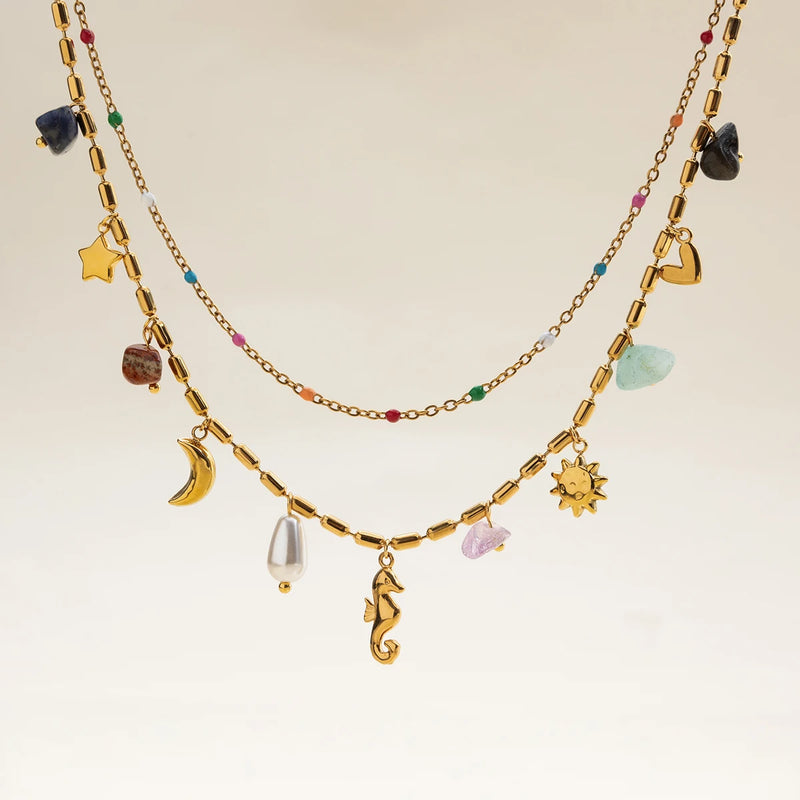 Layered beaded chains with coloured stones and charms