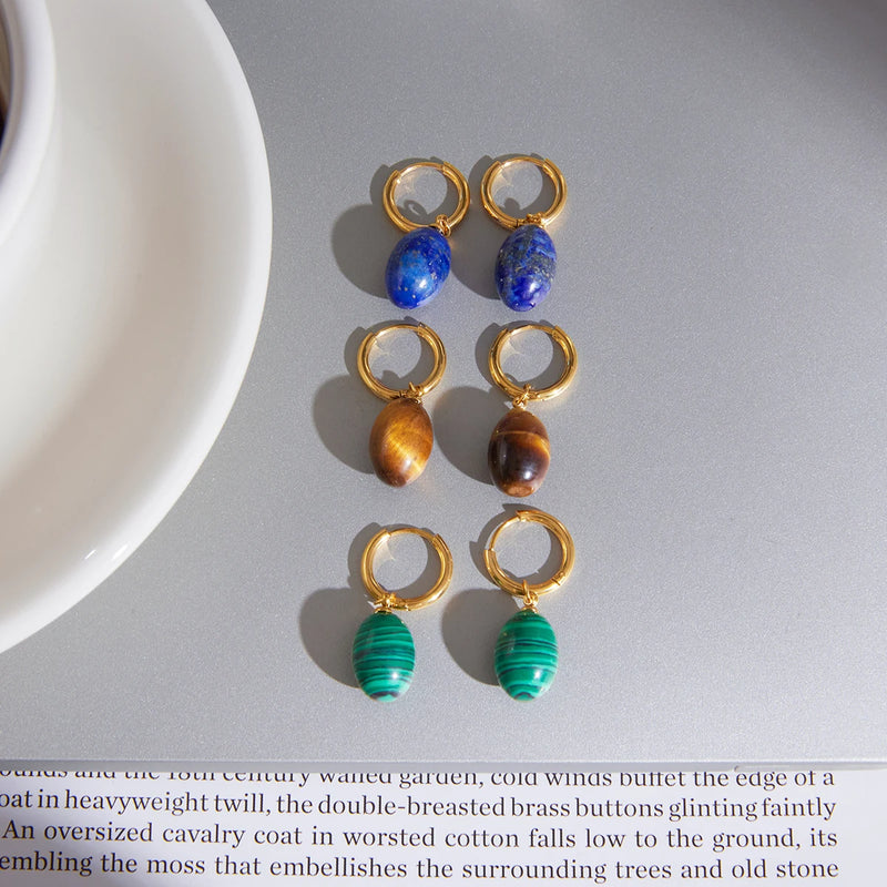 Three pairs of stone drop hoops in blue, brown and green