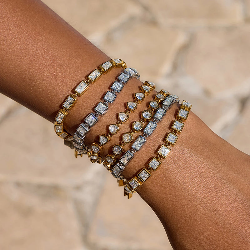 Philippine Crystal Tennis Bracelet, square-link and round designs stacked