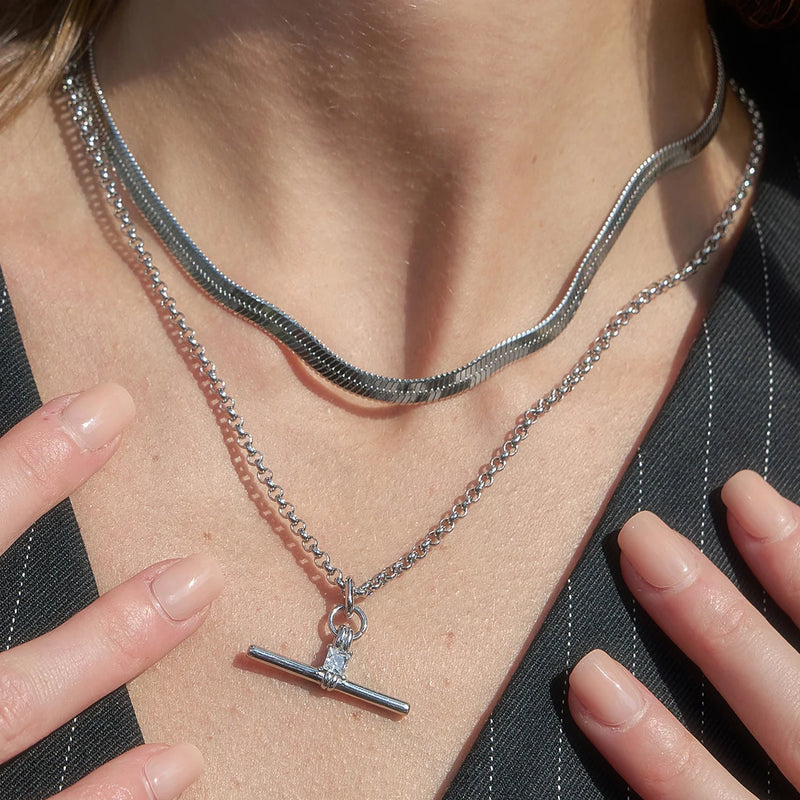 Snake chain worn above a silver-tone T-bar necklace