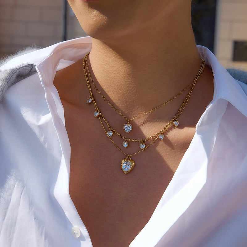 Cyrielle Crystal Heart Necklace layered, heart pendant and small crystal drops