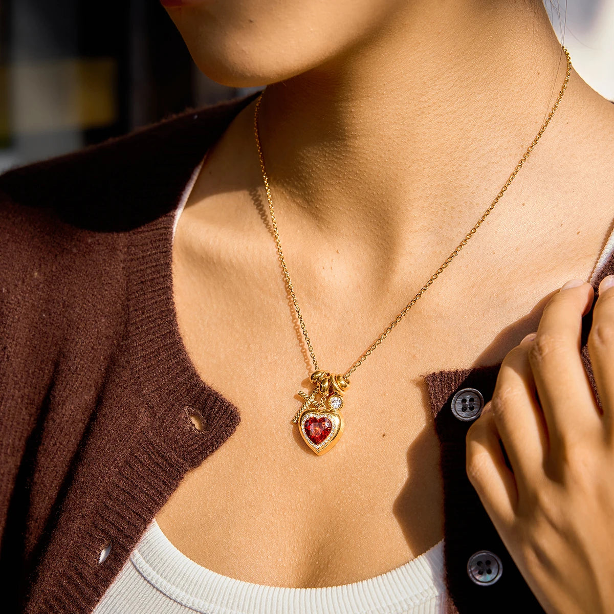 Genevieve Heart Charm Necklace close-up detail – Macaje waterproof necklace
