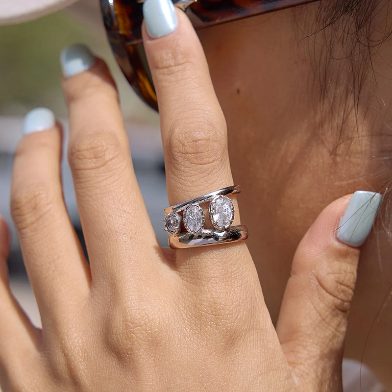 Antoinette Three-Stone Double Band Ring in silver-tone, worn on the hand