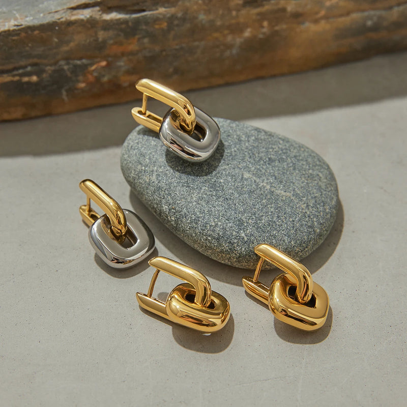 Two-tone chunky link earrings arranged around a grey pebble