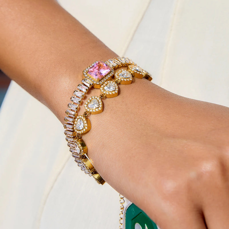 Cecile Crystal Tennis and Halo Heart Bracelet, close-up of the pink centre stone