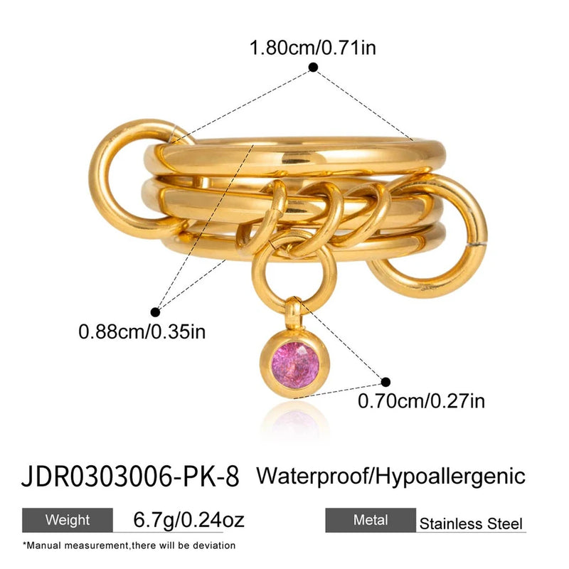 Frederique Linked Triple Band Charm Ring – Gold Pink Stone