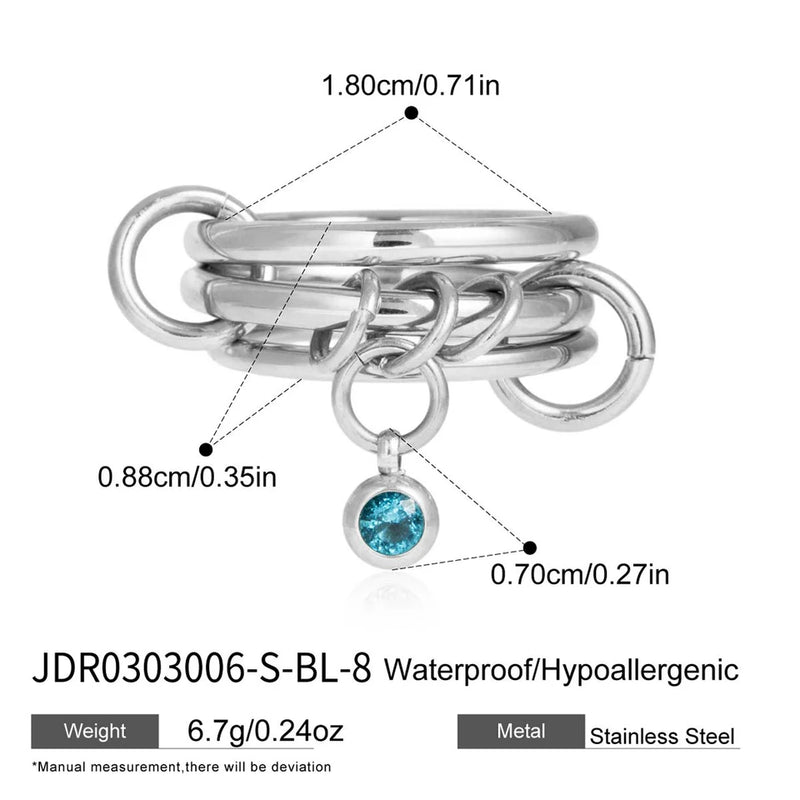 Frederique Linked Triple Band Charm Ring – Silver Blue Stone