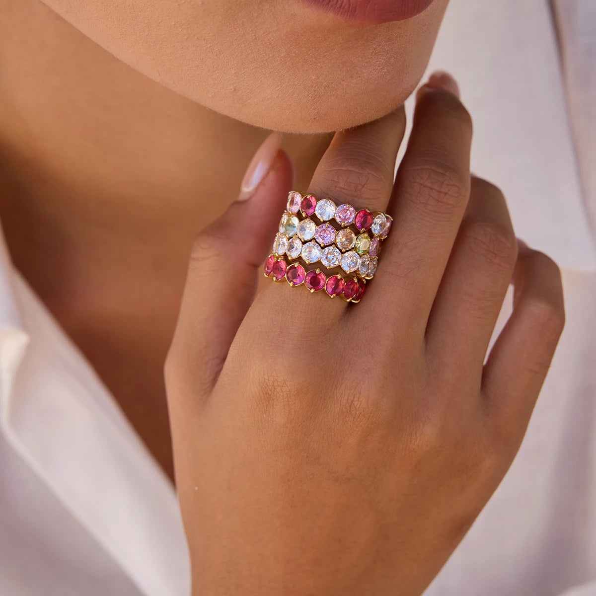 Iris Multicolor Zircon Eternity Ring close-up detail – Macaje waterproof ring