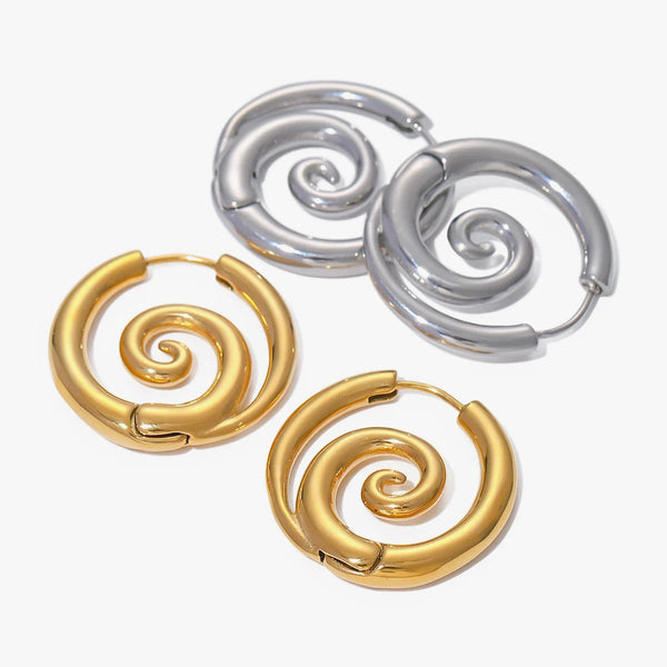 Spiral hoop earrings shown in gold tone and silver tone