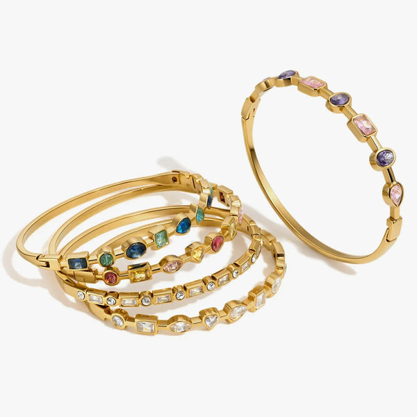 Stack of thin bangles set with coloured stones and clear crystals