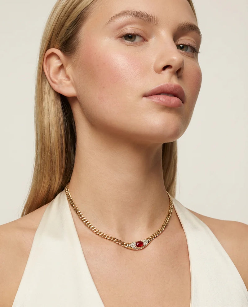 Clarisse Vintage Stone Curb Necklace – Red