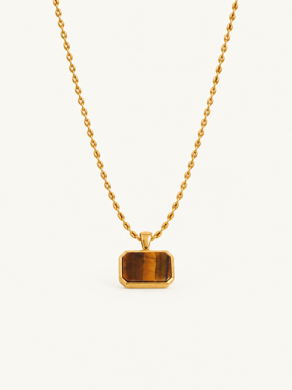 Colombine Rectangle Stone Pendant Necklace – Tiger's Eye