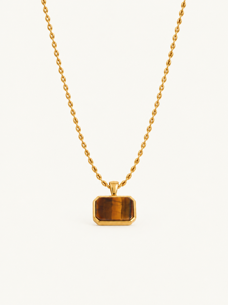 Colombine Rectangle Stone Pendant Necklace – Tiger's Eye