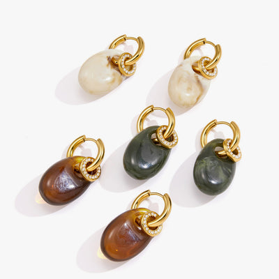 Oval stone drop charms in cream, brown and green on small hoops
