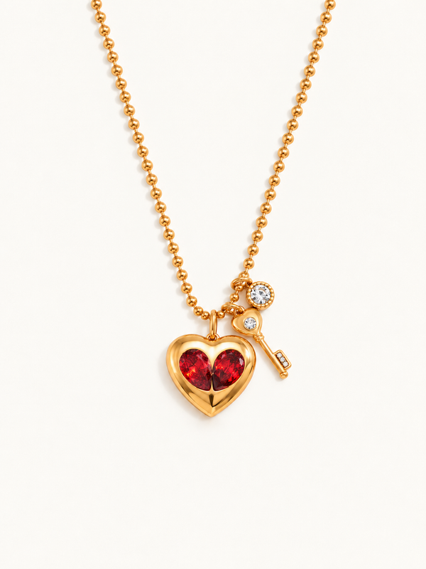 Danielle Red Heart & Key Charm Necklace - Gold clean variation image