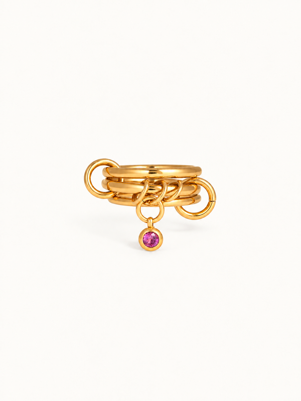 Frederique Linked Triple Band Charm Ring - Gold Pink Stone clean variation image