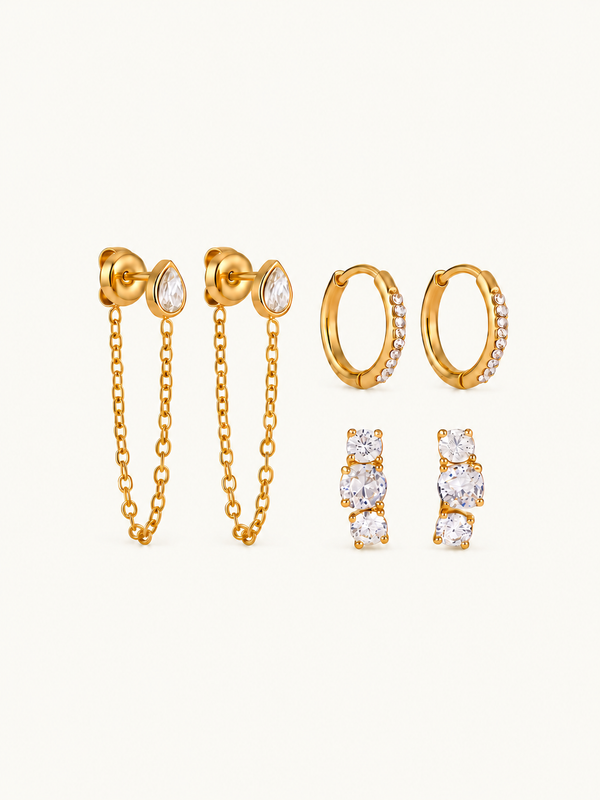 Garance Crystal Earring Trio Set – 3 Pairs/Set