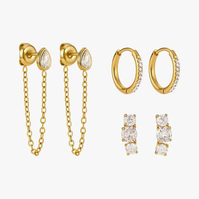 Earring set: chain-drop studs, crystal huggies and double crystal studs