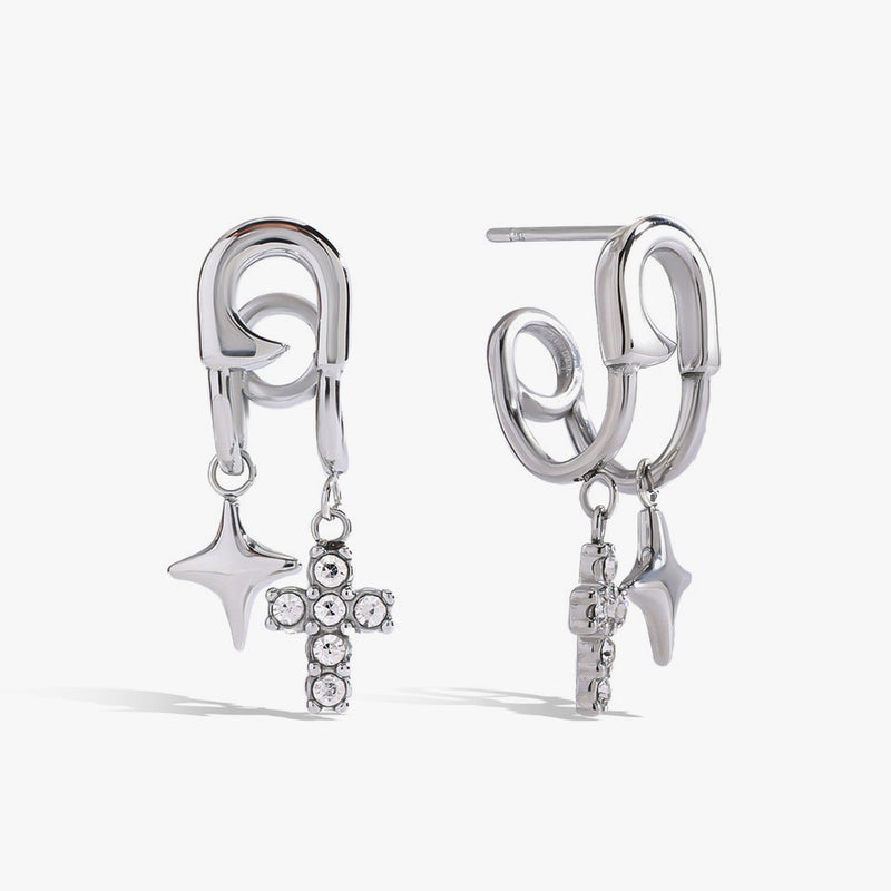 Silver-tone huggies with crystal-set cross and star drops