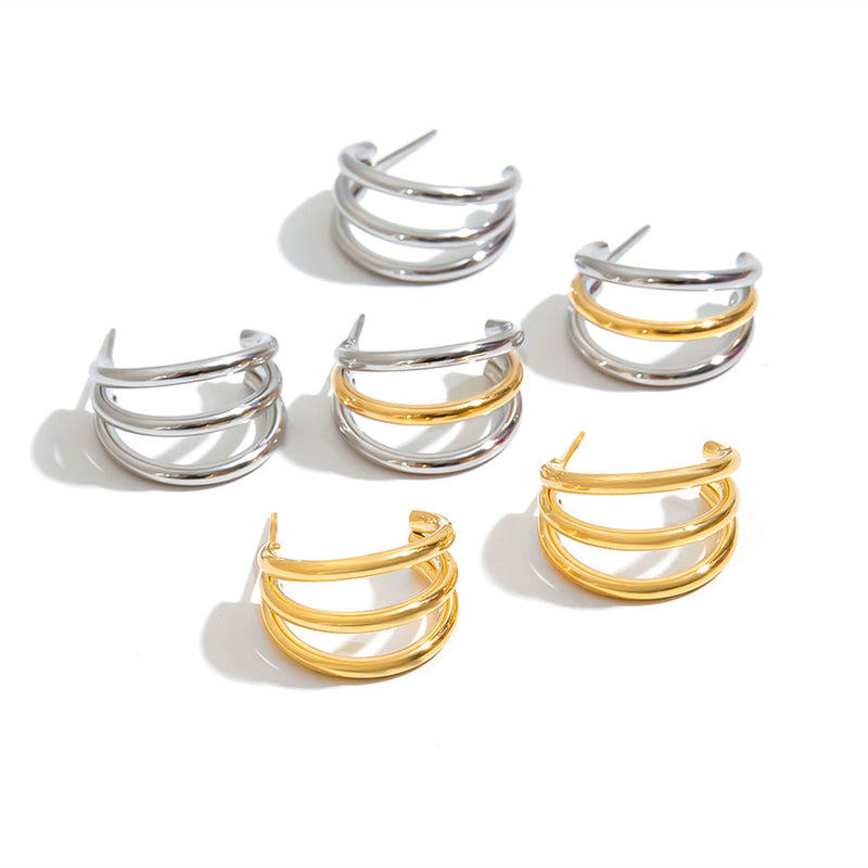Triple-band half hoops in silver tone, two tone and gold tone